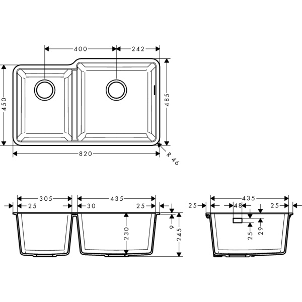 Кухонная мойка hansgrohe S51 S510-U760 интегрированная, с двумя чашами 305/435 43436170, черный графит