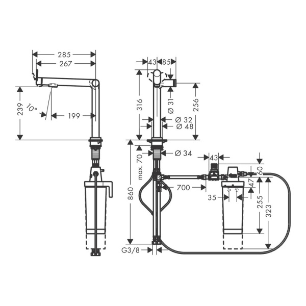 Смеситель для кухонной мойки hansgrohe Aqittura M91 240 1jet с поворотным изливом и функцией фильтрации, без фильтра в комплекте 76804670, матовый черный