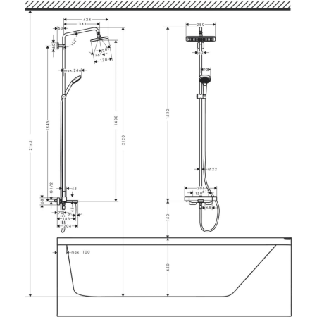 Душевая система hansgrohe Croma E 280 1jet с термостатом для ванны 27687000/U1, хром, уцененный товар