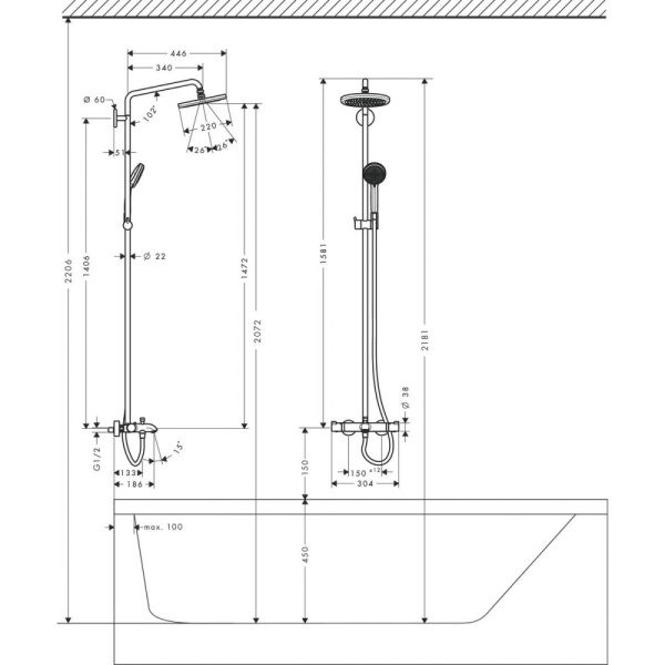 Душевая система hansgrohe Croma 220 Showerpipe с термостатом 27223000, хром