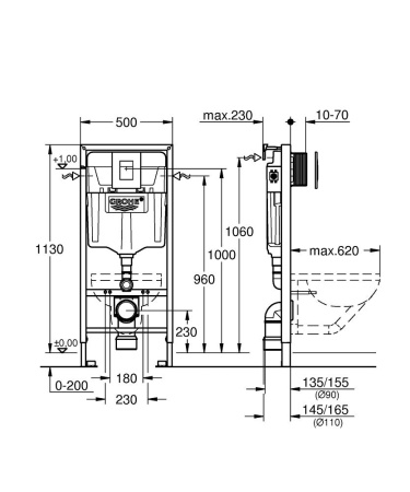 Система инсталляции для унитаза GROHE Rapid SL 3 в 1 с панелью смыва Skate Cosmopolitan, хром (38772001) со смывным бачком GD2