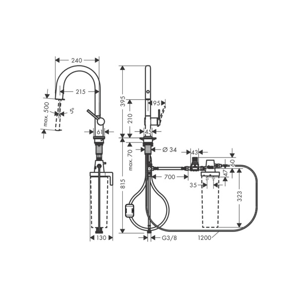 Смеситель для кухонной мойки hansgrohe Aqittura M91 210, с вытяжным изливом 1jet и функцией фильтрации, без фильтра в комплекте 76803800, под сталь