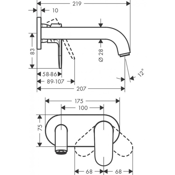 Смеситель для раковины настенный, излив 20,4 Hansgrohe Vernis Shape 71578000, хром