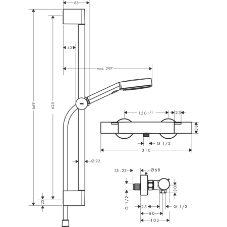 Душевой набор hansgrohe Pulsify Select S 105 3jet Relaxation EcoSmart с термостатом Ecostat Fine и душевой штангой 65 см, 24262000, хром