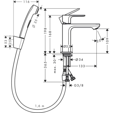 Смеситель для раковины hansgrohe Rebris S 110 с гигиеническим душем 72215670, матовый черный