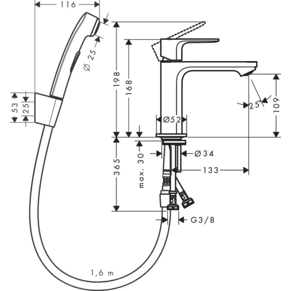 Смеситель для раковины hansgrohe Rebris E 110 с гигиеническим душем 72216000, хром