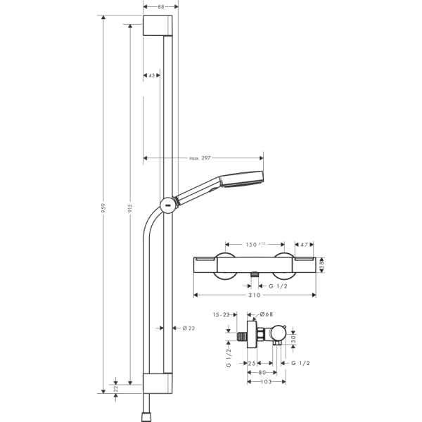 Душевой набор hansgrohe Pulsify Select S 105 3jet Relaxation EcoSmart с термостатом Ecostat Element и душевой штангой 90 см, 24271670, матовый черный