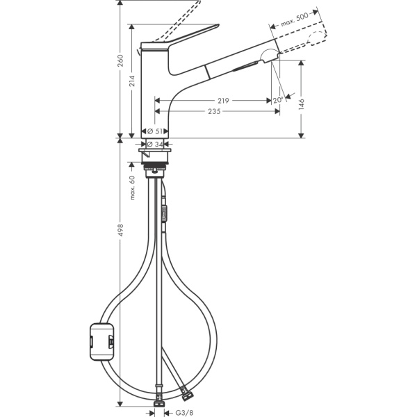 Смеситель для кухонной мойки hansgrohe Zesis M33 150, с вытяжным душем 2jet 74800800, под сталь