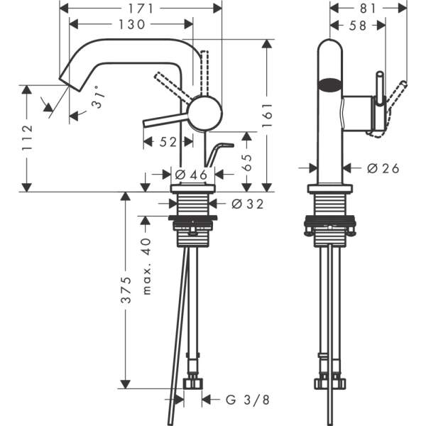 Смеситель для раковины hansgrohe Tecturis S 110 Fine CoolStart, EcoSmart+, с донным клапаном, 73323670, матовый черный