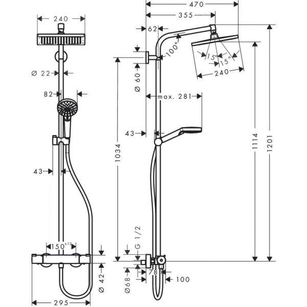 Душевая система hansgrohe Crometta Е 240 1jet Showerpipe с термостатом 27271000, хром