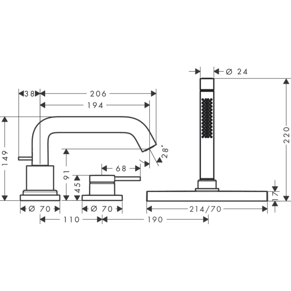Cмеситель для ванны hansgrohe Tecturis S на 3 отверстия, 73447700, матовый белый
