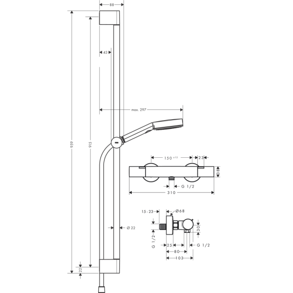 Душевой набор hansgrohe Pulsify Select S 105 3jet Relaxation EcoSmart с термостатом Ecostat Fine и душевой штангой 90 см, 24261000, хром