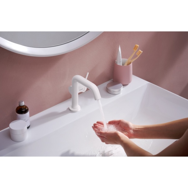 Смеситель для раковины hansgrohe Tecturis S 110 Fine CoolStart, EcoSmart+, с донным клапаном, 73323700, матовый белый