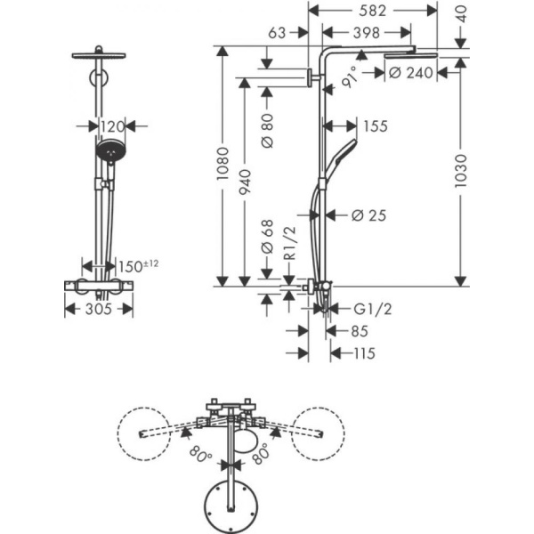 Душевая система hansgrohe Raindance Select S Showerpipe 240 1jet PowderRain с термостатом 27633000, хром