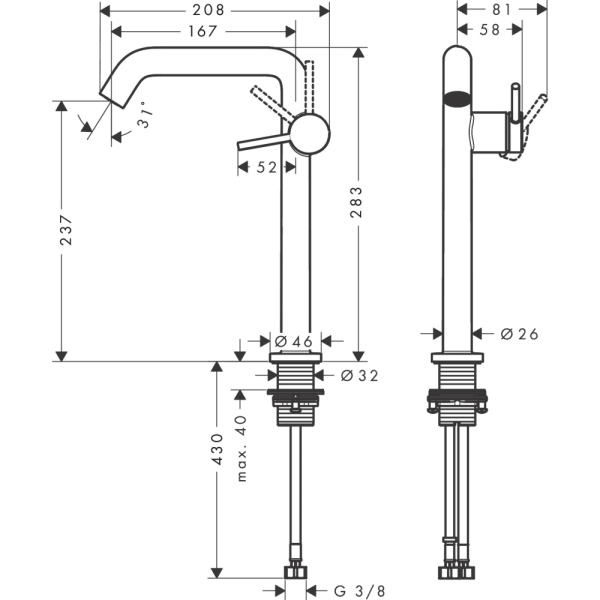 Смеситель для раковины hansgrohe Tecturis S 240 Fine, CoolStart, EcoSmart+, cо сливным гарнитуром Push-Open, 73370670, матовый черный