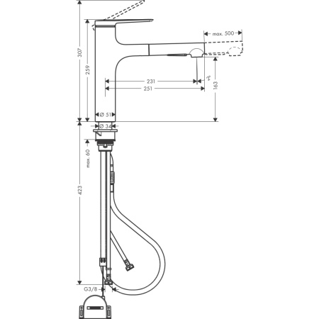 Смеситель для кухонной мойки hansgrohe Zesis M33 160, с вытяжным душем 2jet 74804670, матовый черный