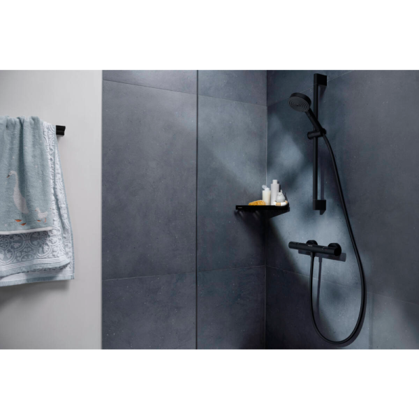 Душевой набор hansgrohe Pulsify Select S 105 3jet Relaxation EcoSmart с термостатом Ecostat Fine и душевой штангой 65 см, 24262670, матовый черный