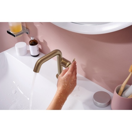 Смеситель для раковины hansgrohe Tecturis S 110 Fine CoolStart, EcoSmart+, с донным клапаном Push-Open, 73320140, шлифованная бронза
