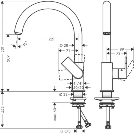 Кухонный смеситель 260, однорычажный с поворотным изливом, M35 Hansgrohe Vernis Shape 71871000, хром