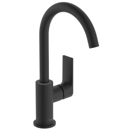 Смеситель для раковины hansgrohe Rebris E 210, с поворотным изливом, со сливным гарнитуром 72576670, матовый черный