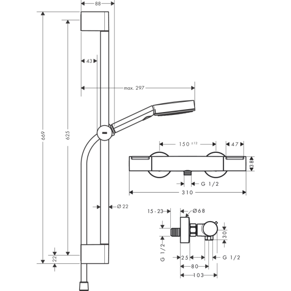 Душевой набор hansgrohe Pulsify Select S 105 3jet Relaxation EcoSmart с термостатом Ecostat Element и душевой штангой 65 см, 24272000, хром